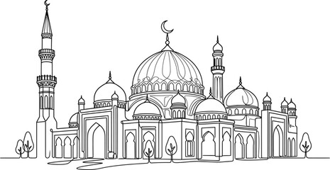 Continuous line drawing of an Islamic mosque with domes and minaret. © widia