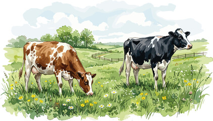 Watercolor Farm Cow Illustration with Grazing Cattle in Green Meadow Landscape for Rural Agriculture and Countryside Nature Designs © Sultana
