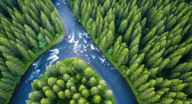 Aerial view of winding river through dense evergreen forest pacific northwest