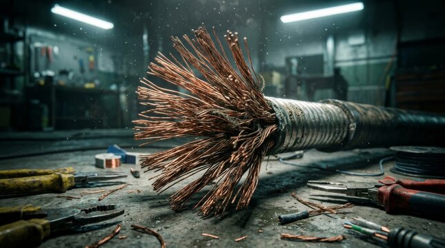 Close-up of frayed copper wire cable on workshop table with tools