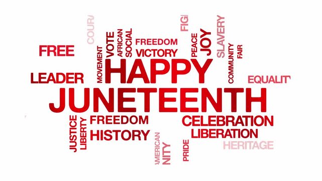 Happy juneteenth concept Animated Tag Word Cloud kinetic typography, Text Design Animation typography seamless loop video motion graphics Intro Wordart arrangement red type on white background bg 