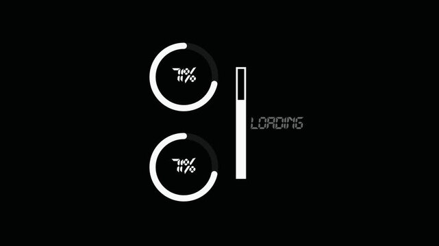 Loading screen with two progress circles and loading bar on black background.loading screen animation with circular progress indicator black background. .