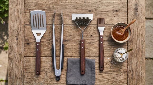 Top view of barbecue tools including a spatula, tongs, grill brush, and basting brush with bowls of sauce and spices on a rustic wooden table