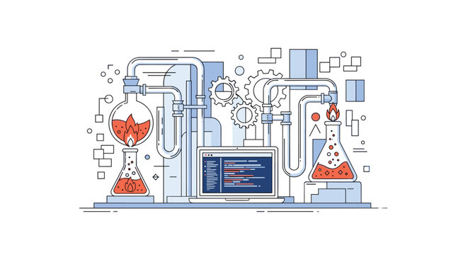 Technical science and data analysis concept with laboratory glassware connected to gears and a laptop screen.