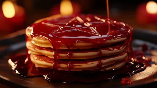 Stack of pancakes with syrup pouring close up for food concept
