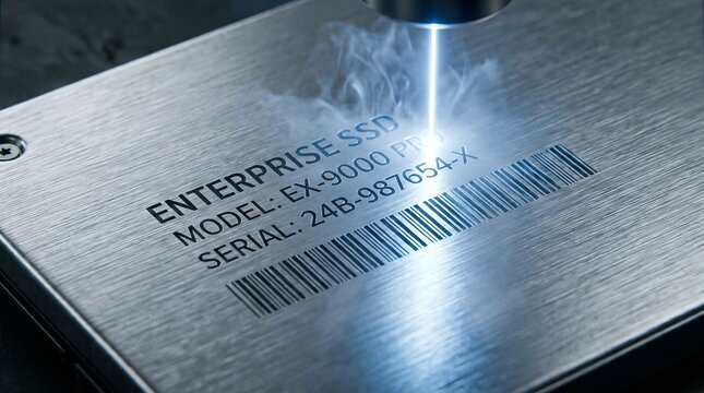 Laser engraving serial number and barcode on metal data hardware