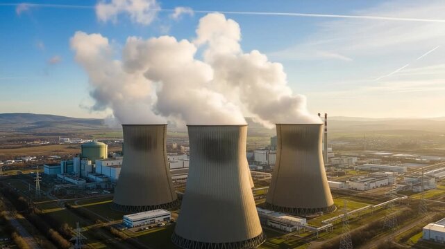 Aerial view of a nuclear power plant with cooling towers