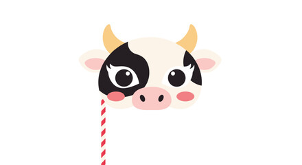 Naklejka premium Cute cow face mask for children on a stick, featuring black and white spots and pink cheeks, ideal for parties and role-playing games.