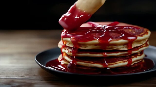 Stack of pancakes with red sauce pouring on black plate