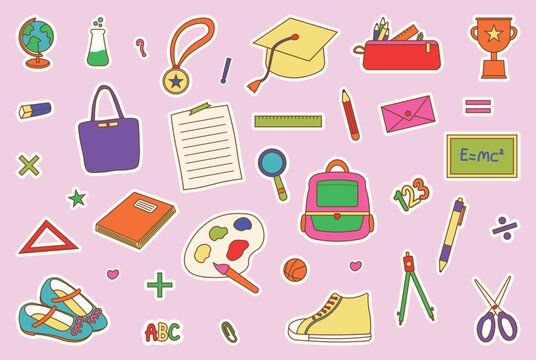 Back to School Sticker Pack with Education Icons and School Supplies on Pink Background