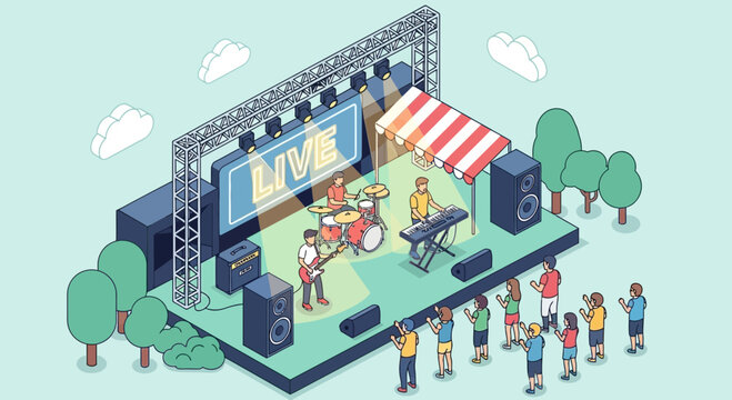 Live band concert performance at an outdoor event with people