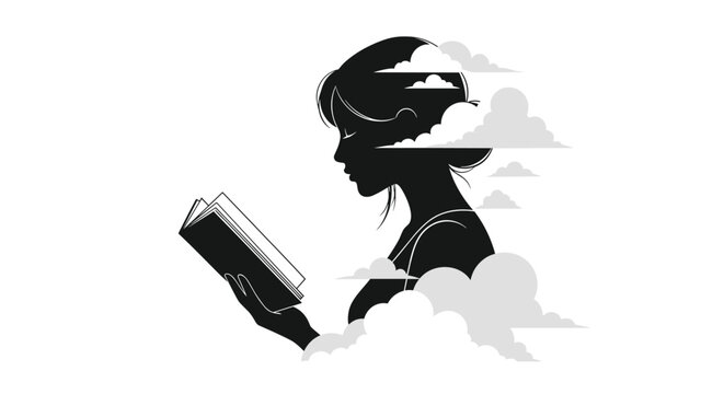 Dreamy silhouette of a young woman reading a book, with soft white clouds merging into her head and body, symbolizing imagination.
