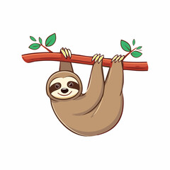 Fototapeta premium Cute cartoon sloth hanging from a tree branch