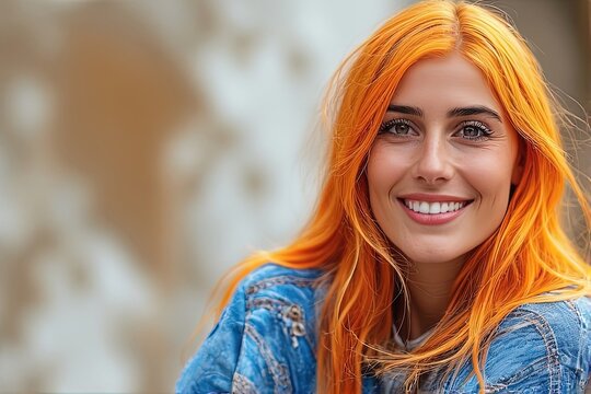Young woman with vibrant orange hair smiling brightly at camera in casual denim outfit, cheerful lifestyle portrait concept.