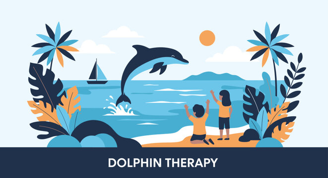 Young children enjoying dolphin therapy at a sunny beach with a sailboat in the background and tropical palm trees around them.