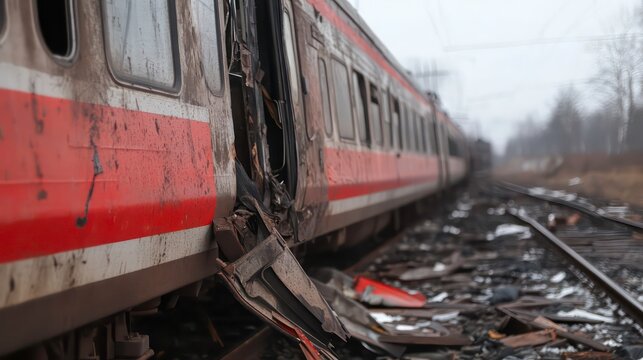 A derailed passenger train sits on the tracks with a large portion of the side of the train missing. The train is red and white.
