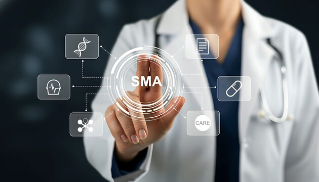 Doctor pressing SMA text on virtual interface in medical lab concept