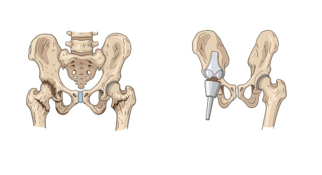 Medical illustration showing a human hip joint before and after a total hip replacement surgery with a metal prosthetic implant.