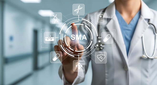 Doctor touching virtual interface text SMA for spinal muscular atrophy
