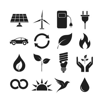 
12 Sustainability & Green Energy Icons &mdash; Solar, Wind, EV, Recycling, Leaf, Flame, Water, Sun, Bird & More