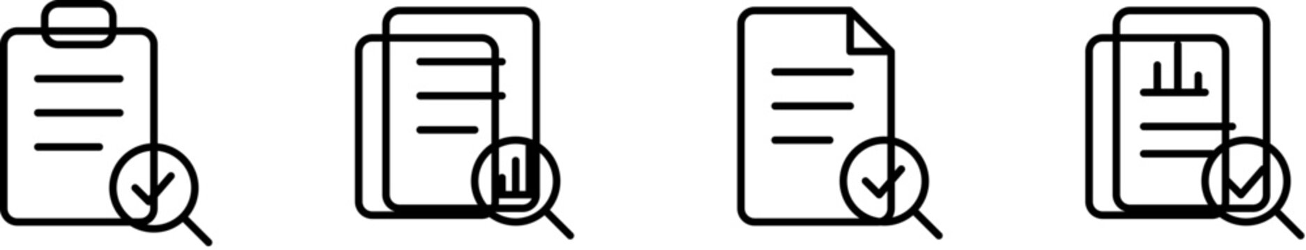 Document Analysis Icon Set, Minimalist File Audit and Report Verification Vector Icons for UI Design