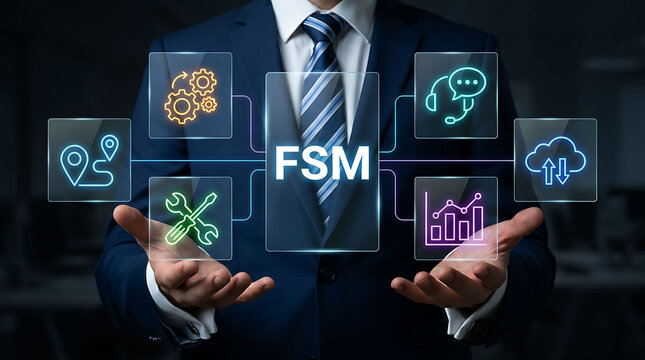 Field service management concept with FSM acronym and digital icons
