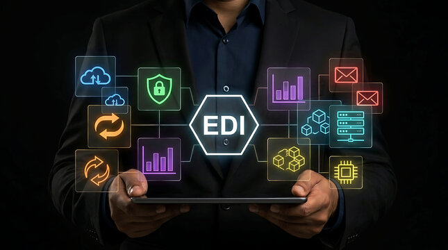 Businessman holding tablet with EDI electronic data interchange icon concept