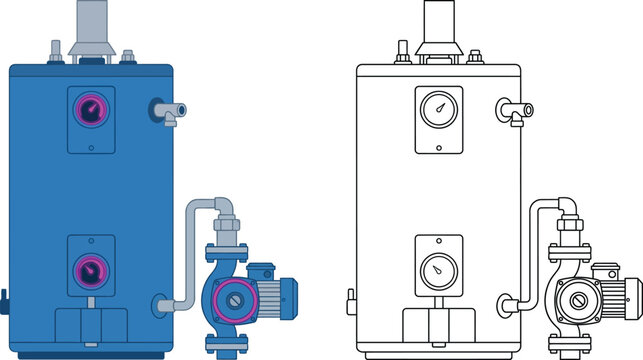Water heater and pump system flat vector illustration for plumbing and HVAC services industrial equipment concept