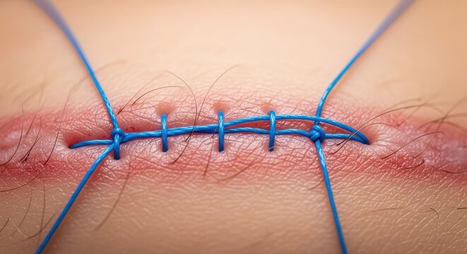 Detailed macro shot of fresh surgical sutures on healing skin, showing blue medical thread and precise stitching after a recent operation, row, nylon, first aid