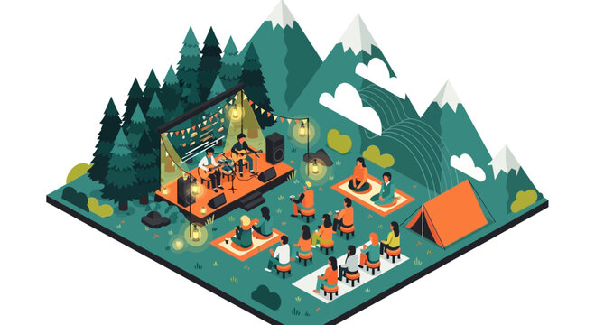 People enjoy a live band concert at an outdoor event in a scenic mountain landscape with trees and campsite.
