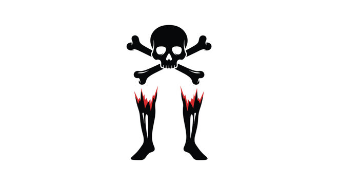Graphic illustration of a human skull with crossbones above a pair of skeletal legs with red flame details on white background.