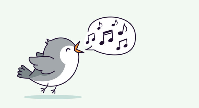 Happy gray bird with its beak open singing and producing musical notes in a speech bubble on a light background scene.
