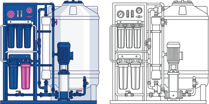 Industrial water filtration system reverse osmosis purification unit with pump and filters clean water technology concept