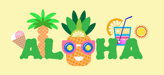 A cartoon character and the sign "Aloha." A pineapple wearing sunglasses and drinking a cocktail. Vector illustration for bar,  a restaurant, menu,poster, bamnner, flyer  © mistletoe