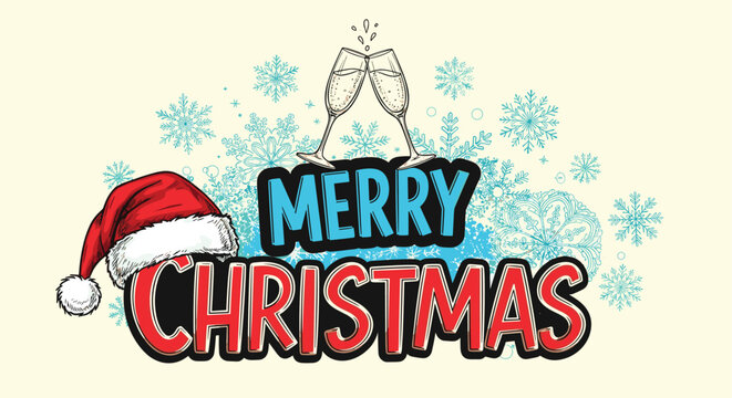Festive Merry Christmas greeting text with a red Santa hat and two clinking champagne glasses on a background of snowflakes.