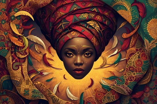 Woman portrait with ornate turban and golden feathers
