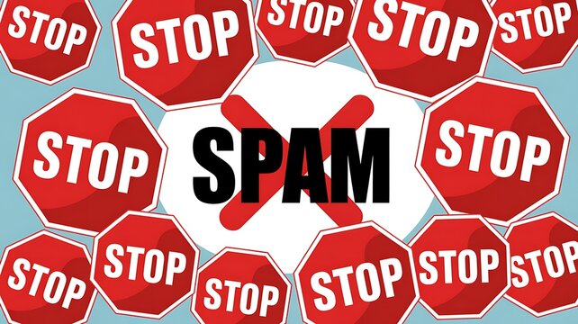 Stop Spam, Anti Spam Concept, Red Stop Signs, Cyber Security, Internet Protection