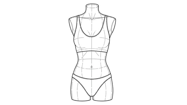 Detailed 2D CAD drawing of a female mannequin wearing workout clothes