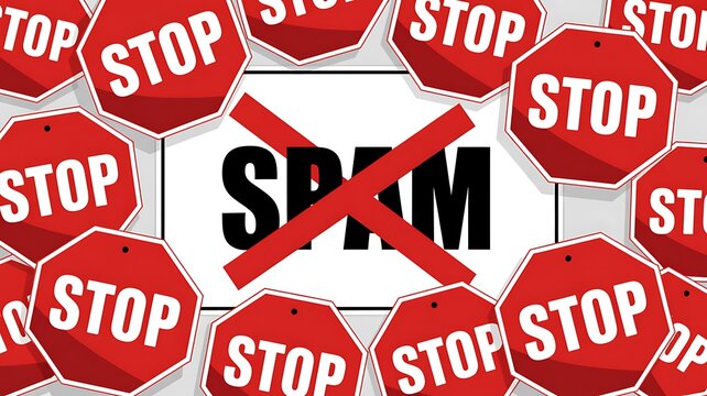 Stop spam, octagonal warning signs, anti-spam concept, red stop buttons