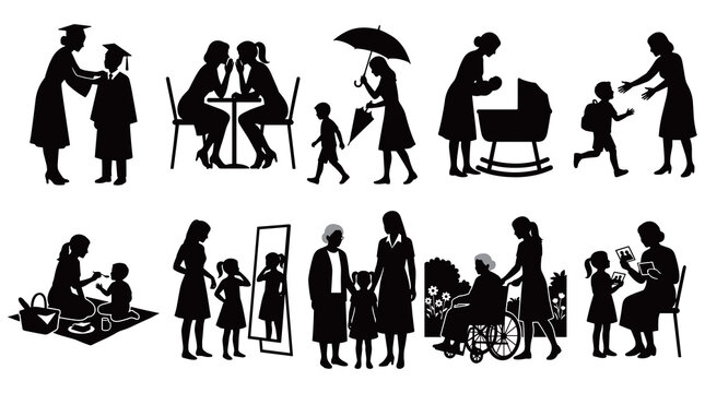 Multi generational family silhouette vectors depicting mother care graduation support and caring for elderly grandmother scenes.