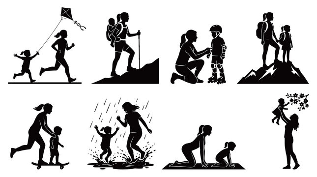 Active mother and child lifestyle silhouettes showcasing running kite flying hiking roller skating and splash playing outdoor fun.