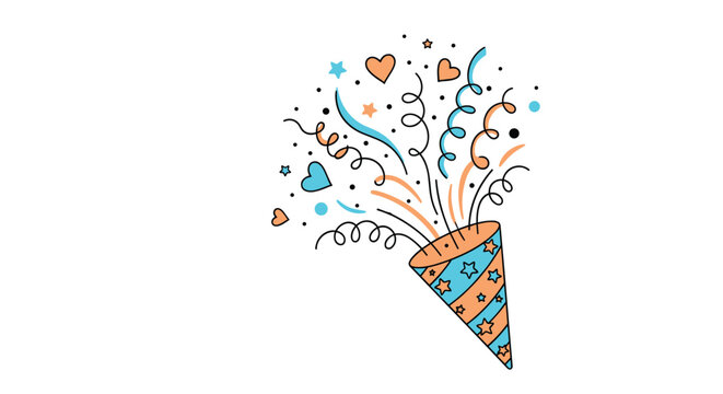 Colorful party popper exploding with confetti, streamers, stars, and hearts for birthday and anniversary celebrations.