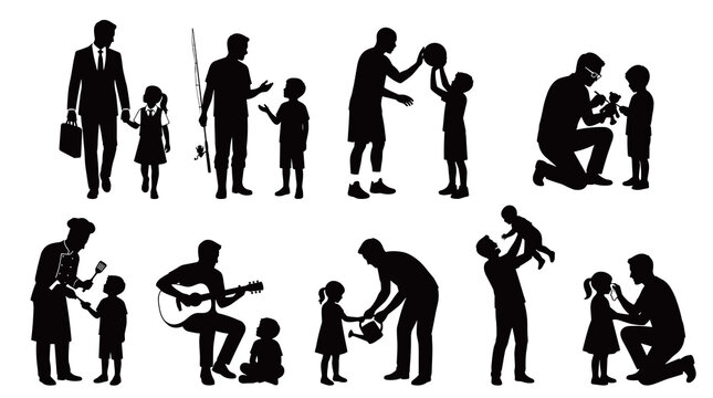 Silhouette set of father interacting with child through cooking playing guitar fishing gardening and sports activities vector