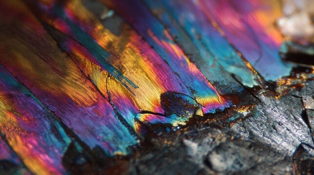 Chromatic mineral layers showing vivid strata and crystalline bands, saturated hues and rough edges form dynamic abstract geology scene geologist documents sample for mineral study and creative