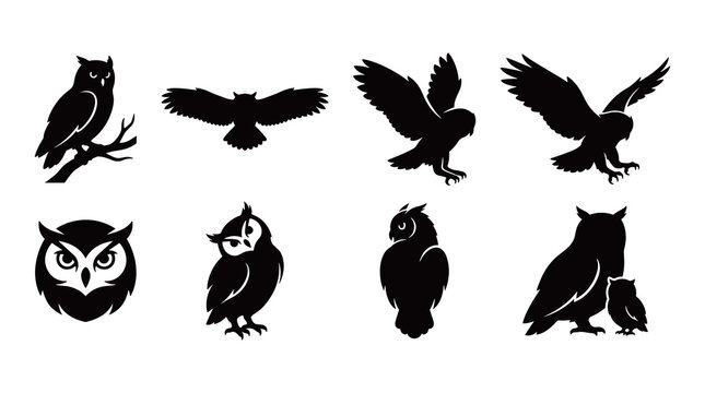 Owl silhouette vector asset set with poses including perched flying with outspread wings hunting claws and wise owl face icons graphic