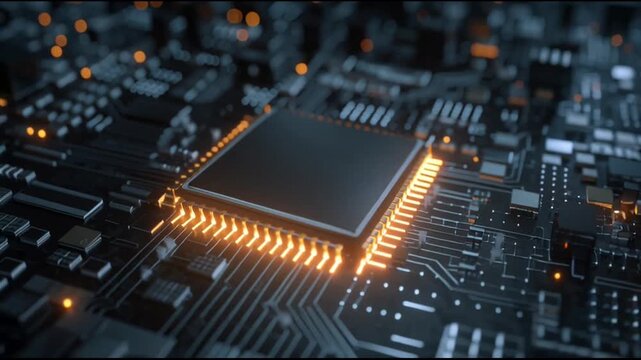 Closeup of glowing computer microchip.