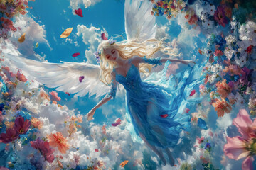 Fototapeta premium Colorful painted angel with vibrant wings, set against a mystical, swirling cosmic backdrop, symbolizing transformation and divine power.