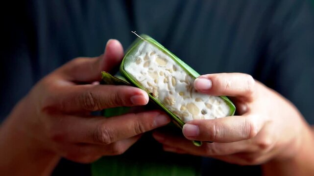 Holding tempe (fermented soybean). Tempe usually wrapped in banana leaves. Indonesian vegan food.