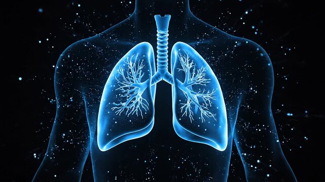 A glowing blue lung system with branching bronchi and trachea, symbolizing respiratory health, anatomy, and futuristic medical visualization of breathing and gas exchange.