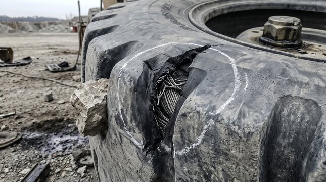 Destroyed mining tire displaying a severe sidewall rubber gash and exposed wire mesh circled with white inspection chalk